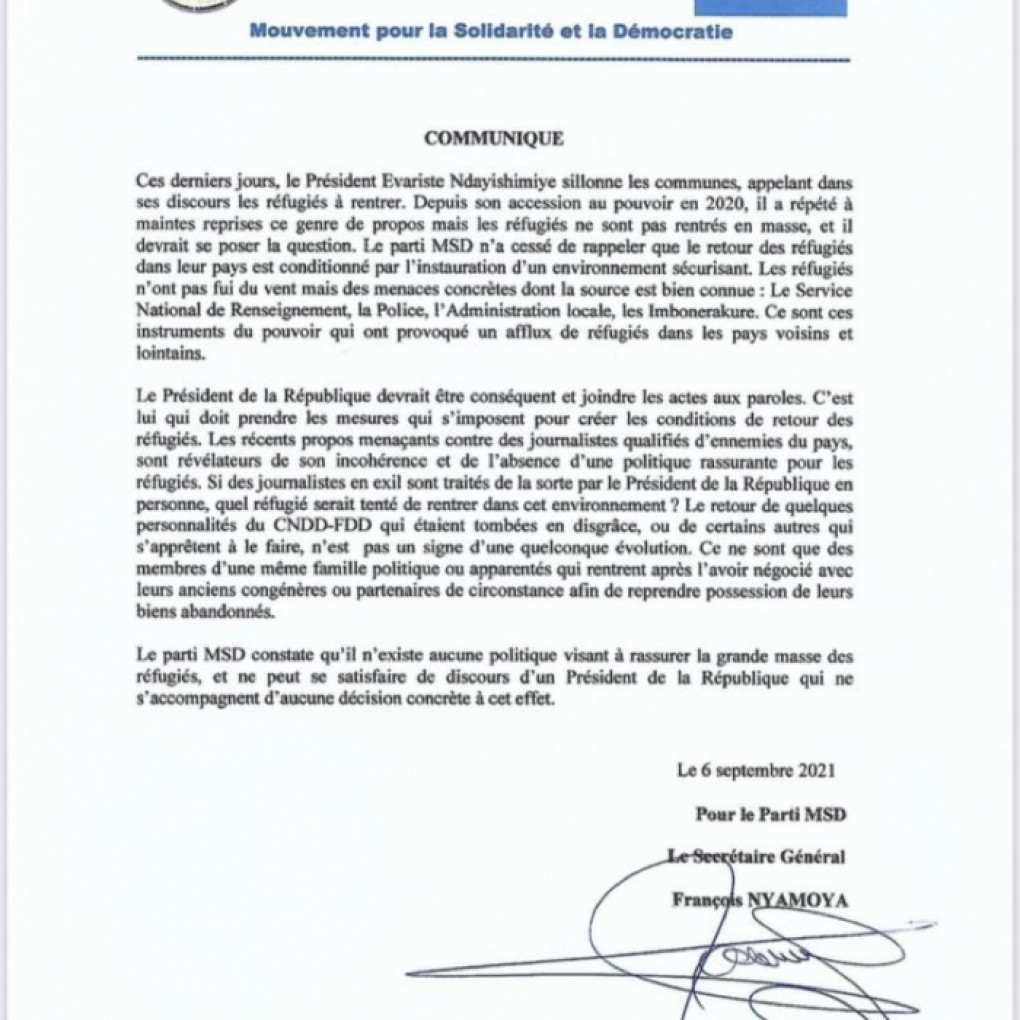 Burundi/retour des réfugiés : le MSD exhorte le président Ndayishimiye de joindre l’acte à la parole